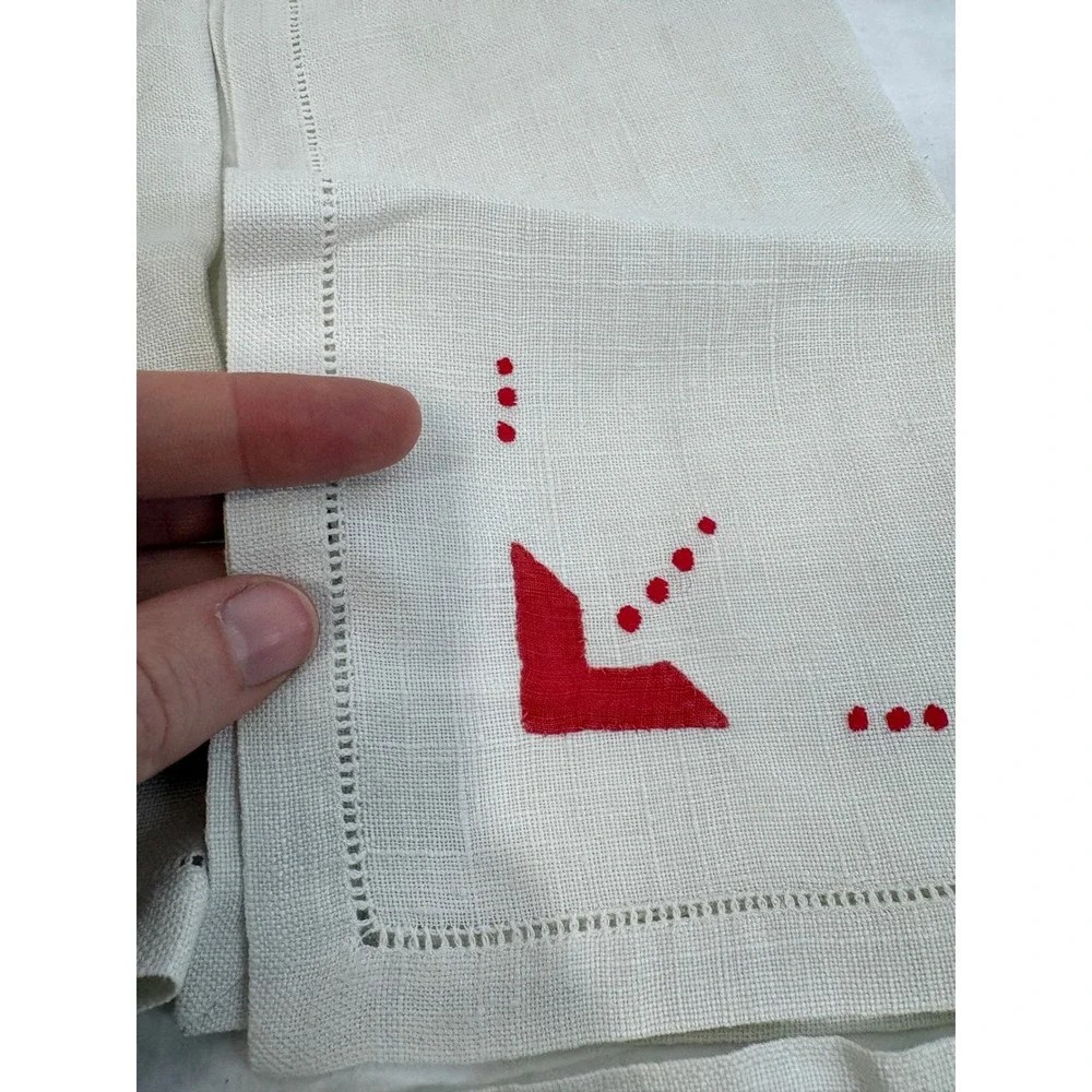 Vintage Hemstitch Linen Napkins Set of 4 Red Geometric Embroidery Cream MCM